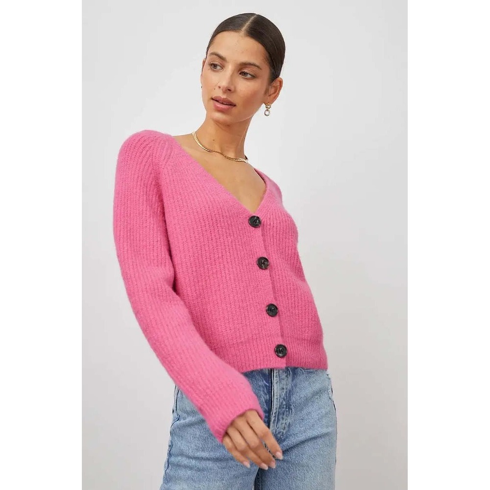 Rails Josie Cardigan Small Malibu Pink V-Neck Ribbed Wool Blend Chic Grandmacore